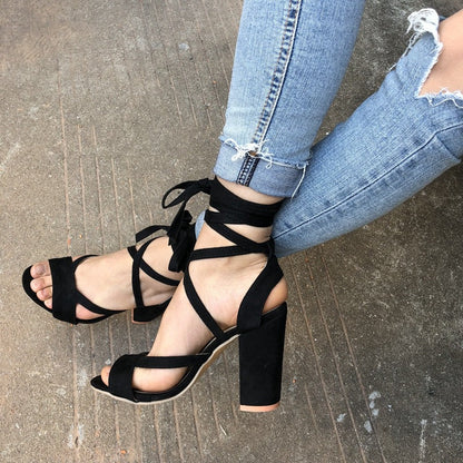 Open Toe Ankle Wraps Lace Up Chunky Heels Sandals