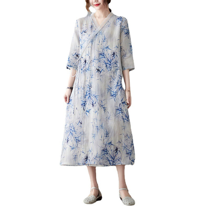 Korean Style Artistic Printed Loose Belted Dress