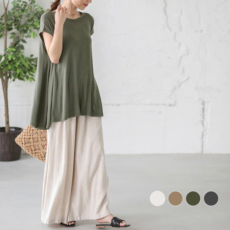 Casual Simple Loose Solid Color Pleated Round-Neck Short Sleeves T-Shirt Tops