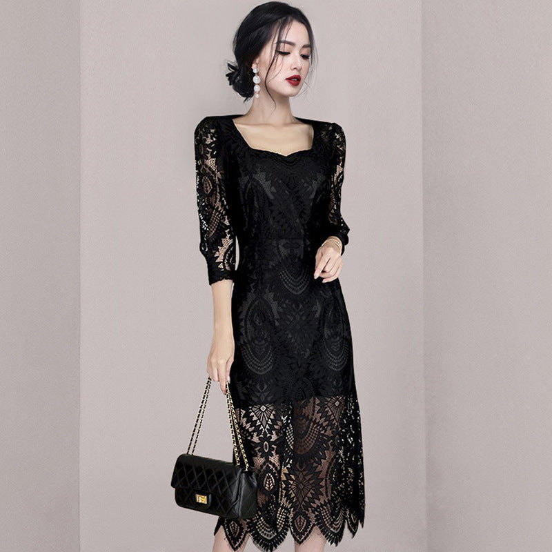 Lace Square Neck Hollow Out Midi Dress