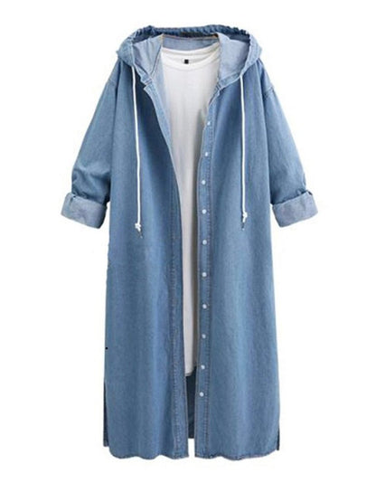 Autumn And Winter New Hooded Long Sleeved Denim Coat Single Breasted Long Windbreaker