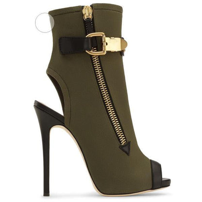 Army Green Peep-Toe Buckled Stiletto Heel Ankle Boots