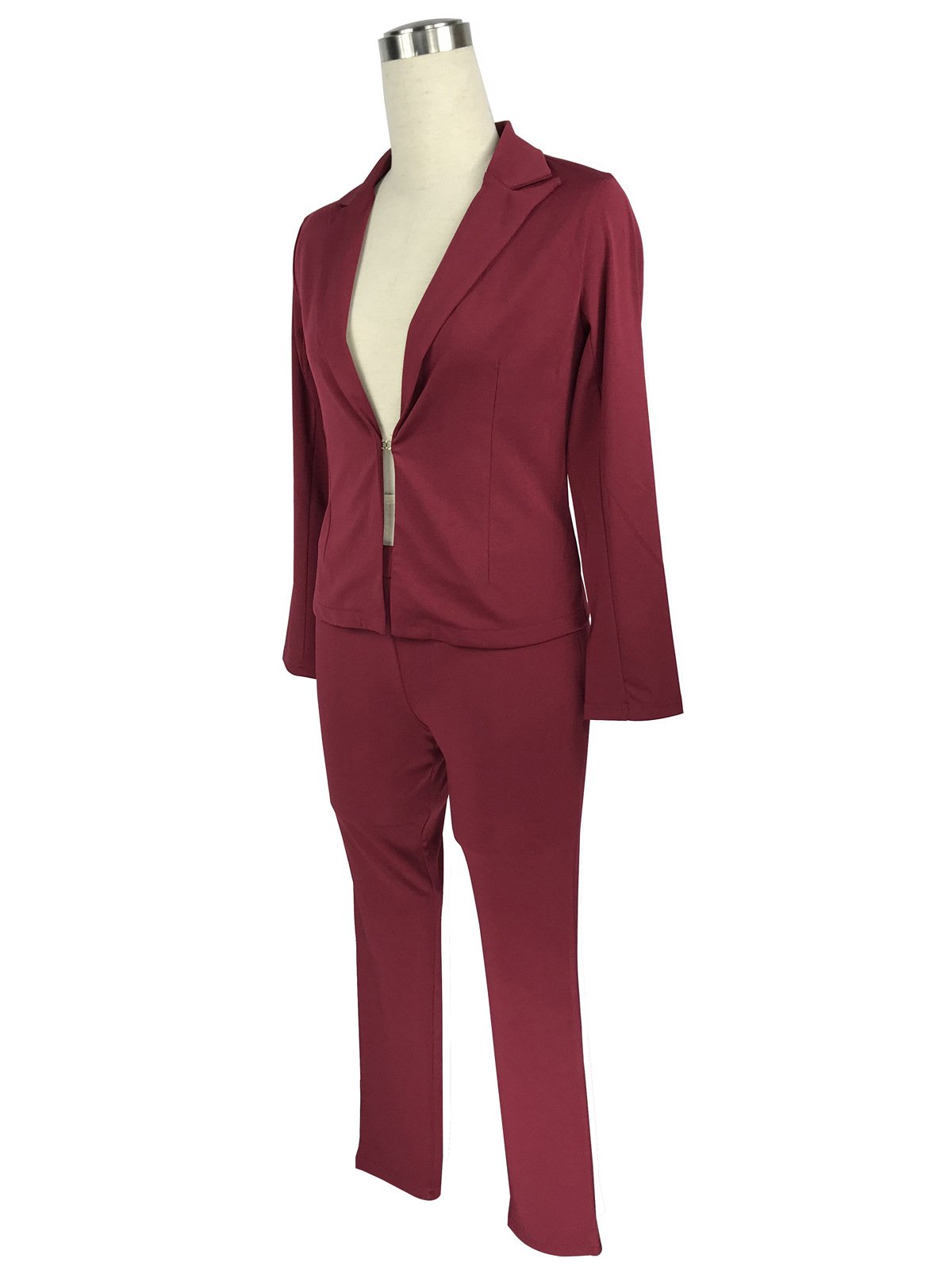 Clearance Pure Color Deep V-neck Blazer with Skinny Pants Two Pieces Set