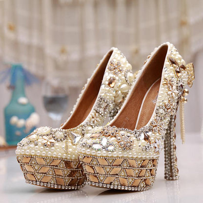 Champagne Rhinestone Pearl Handmade Super High Heel Wedding Shoes