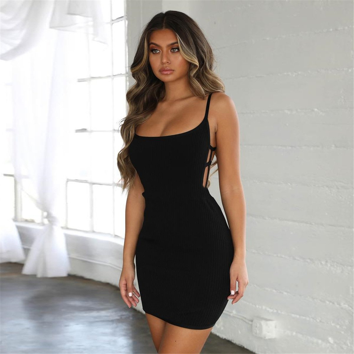 Black open back high waist Dress