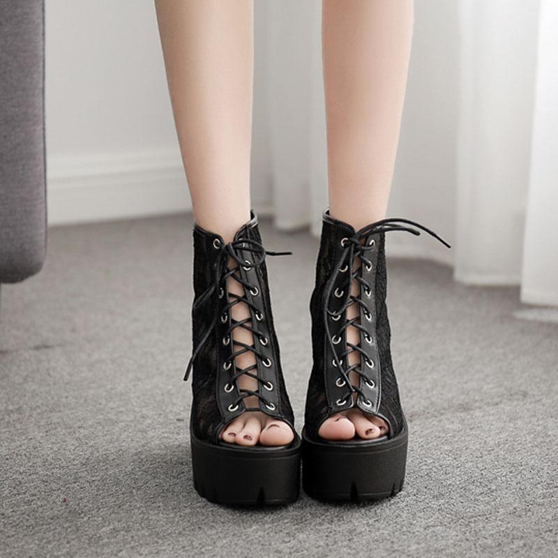 Lace Fashion Sandals Thick Heel Thick Sole Waterproof Platform Sandals Short Boots