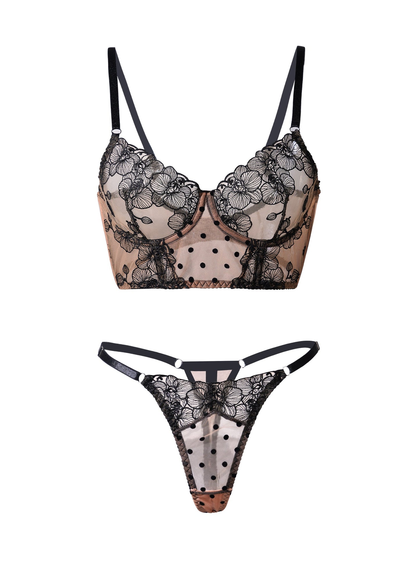 Free Shipping For  Nude Black Spot Soft Lace Widen Side Lingerie Set