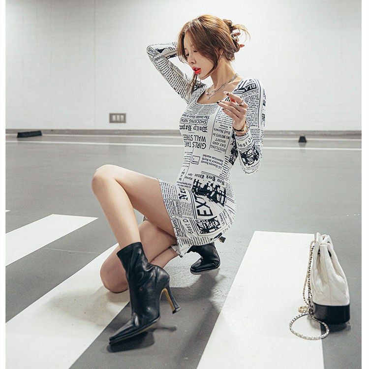 Fashion Long Sleeve Newspaper Printed Off Shoulder Dress