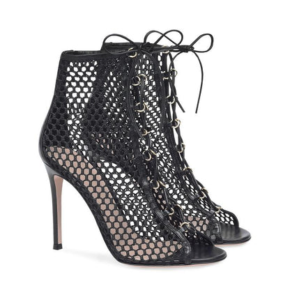 Black Sexy Open Toe Mesh Lace Up High Heel Boots