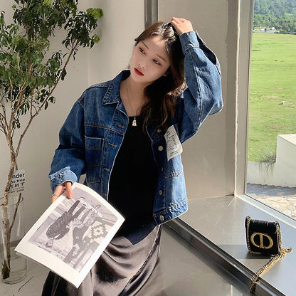 Loose Dark Blue Lapel Fashion Casual Short Denim Coat