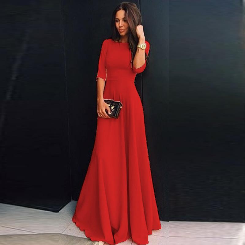 Clearance Slim Pure Color 3/4 Sleeves Pleated Long Maxi Dress