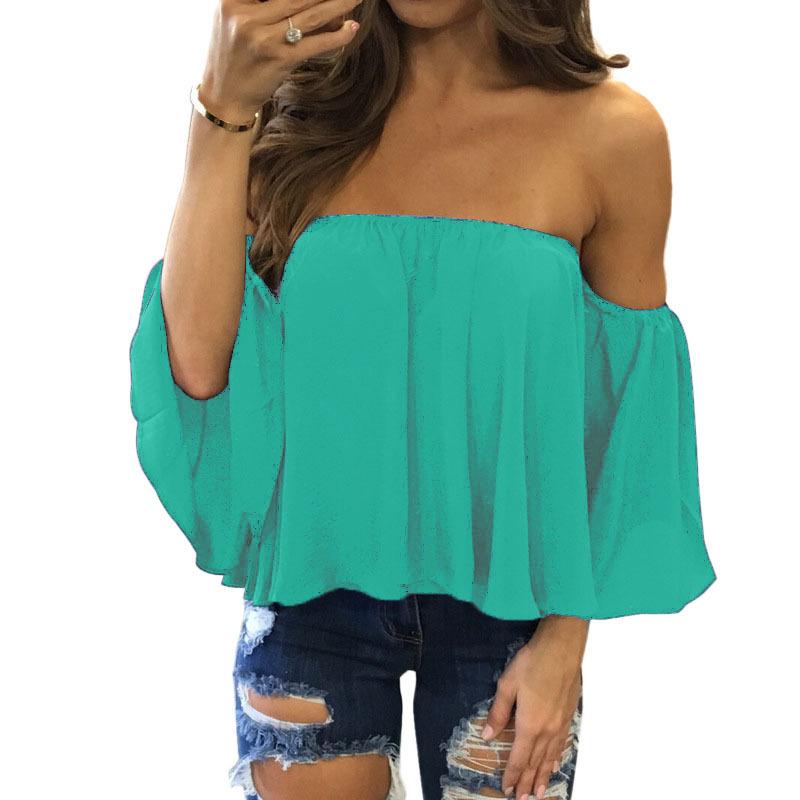 Sexy Off Shoulder Long Sleeve Chiffon Loose Blouses Larging Code