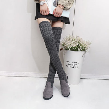 Knitted Wool High Barrel Flat Bottomed Over Knee Elastic Boots