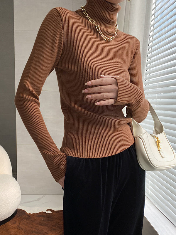 Urban Skinny Solid Color High-Neck Sweater Tops-Homeunderwear