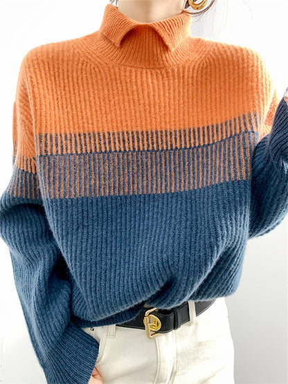 Casual Loose Long Sleeves Striped High-Neck Sweater Tops-Homeunderwear