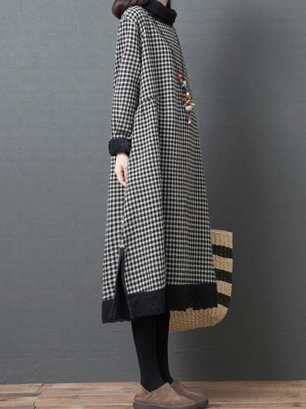 Casual Loose Long Sleeves Plaid High-Neck Padded Midi Dresses