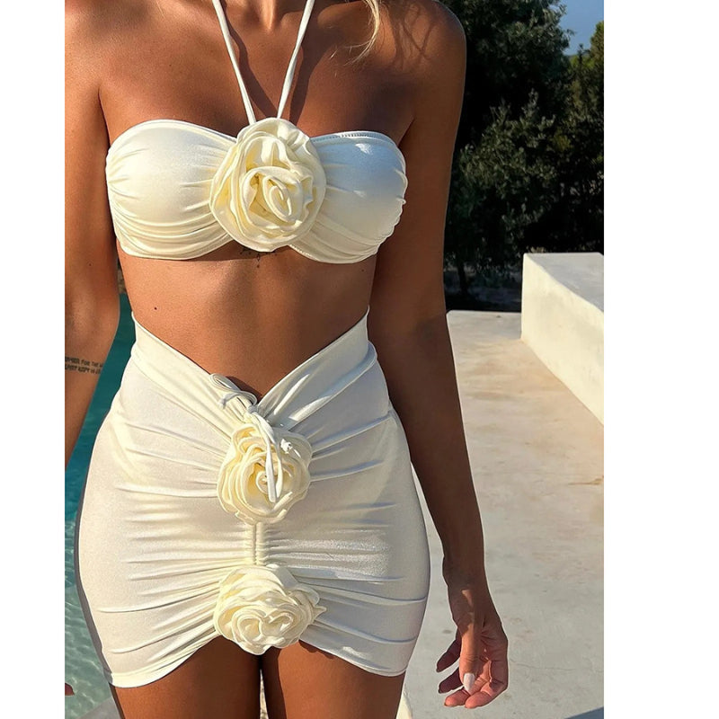 Milky White Blossoms Beach Vacation Wind Three-piece Set Swimsuit