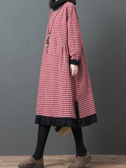 Casual Loose Long Sleeves Plaid High-Neck Padded Midi Dresses