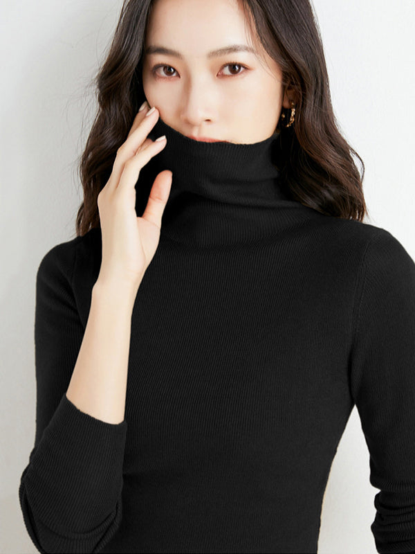 Simple Skinny Long Sleeves Solid Color High-Neck Sweater Tops Pullovers-Homeunderwear