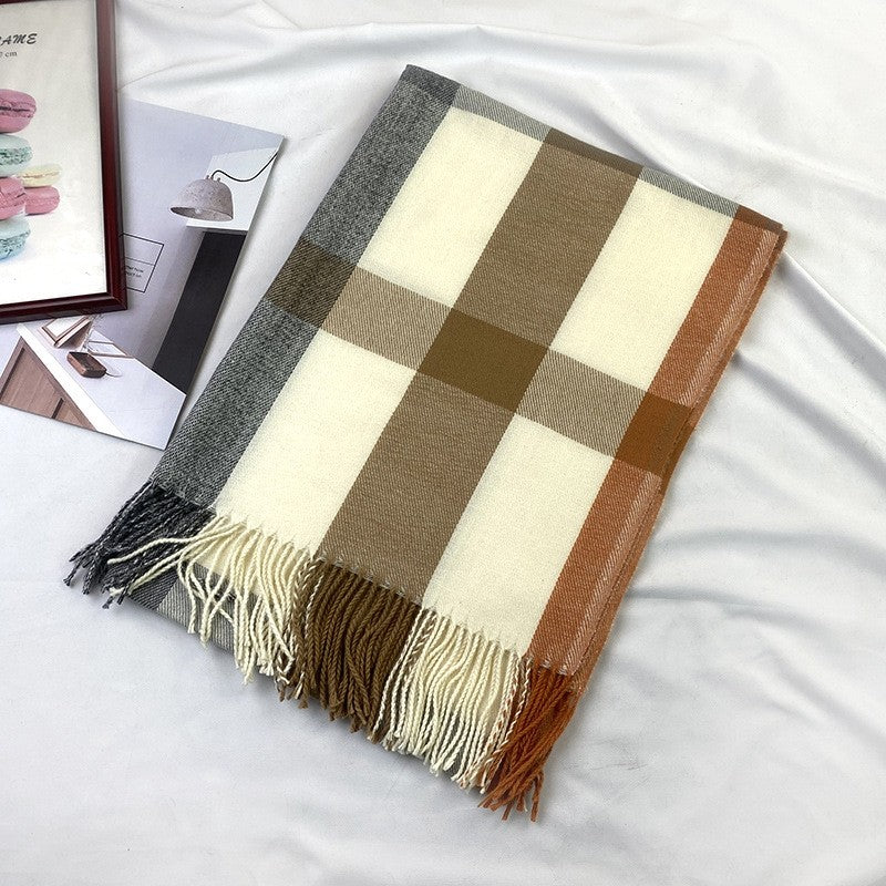 Contrast Color Plaid Imitation Cashmere Tassled  Shawl Scarf