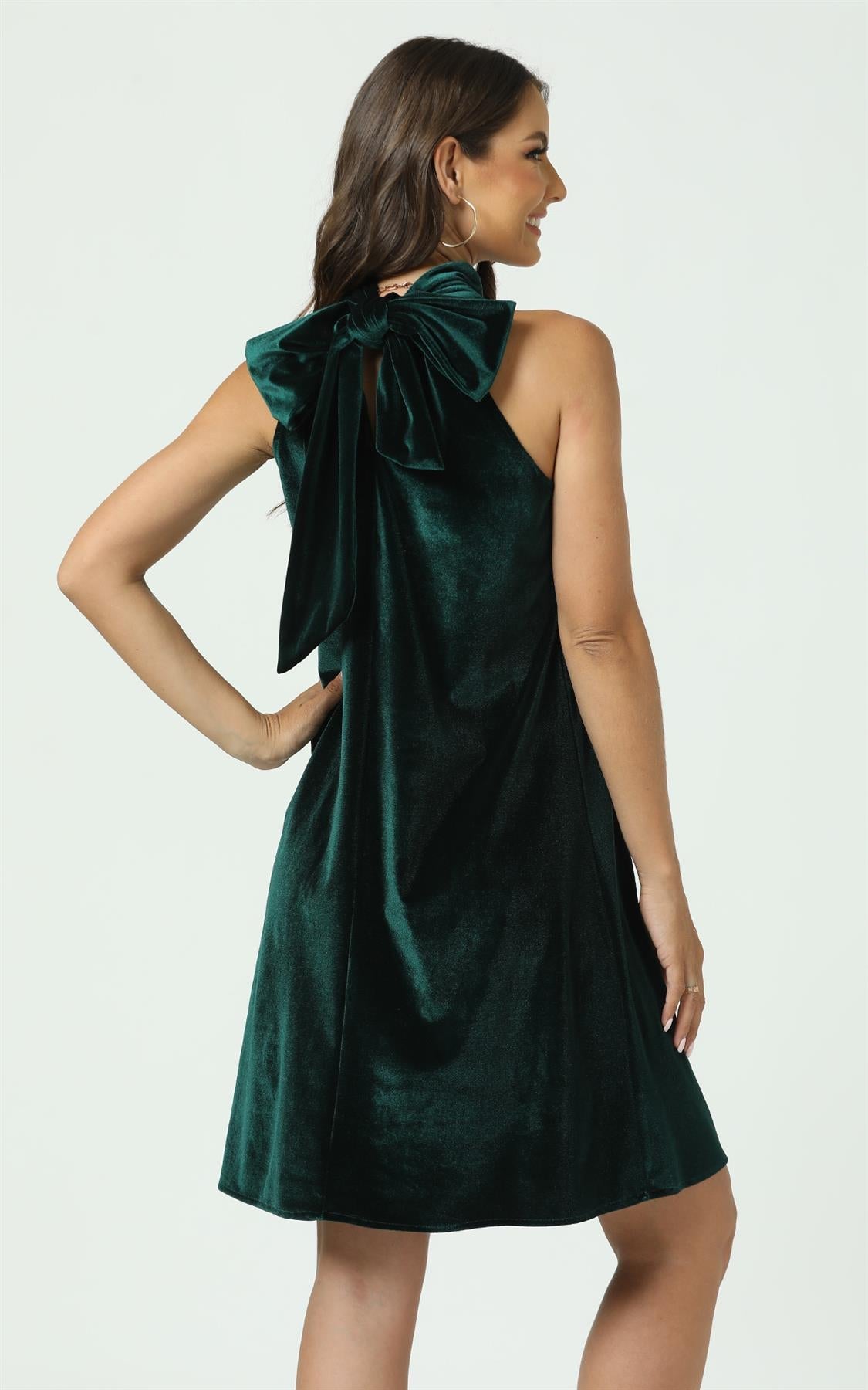 Velvet Halter Neck Tie Back Mini Dress In Dark Green