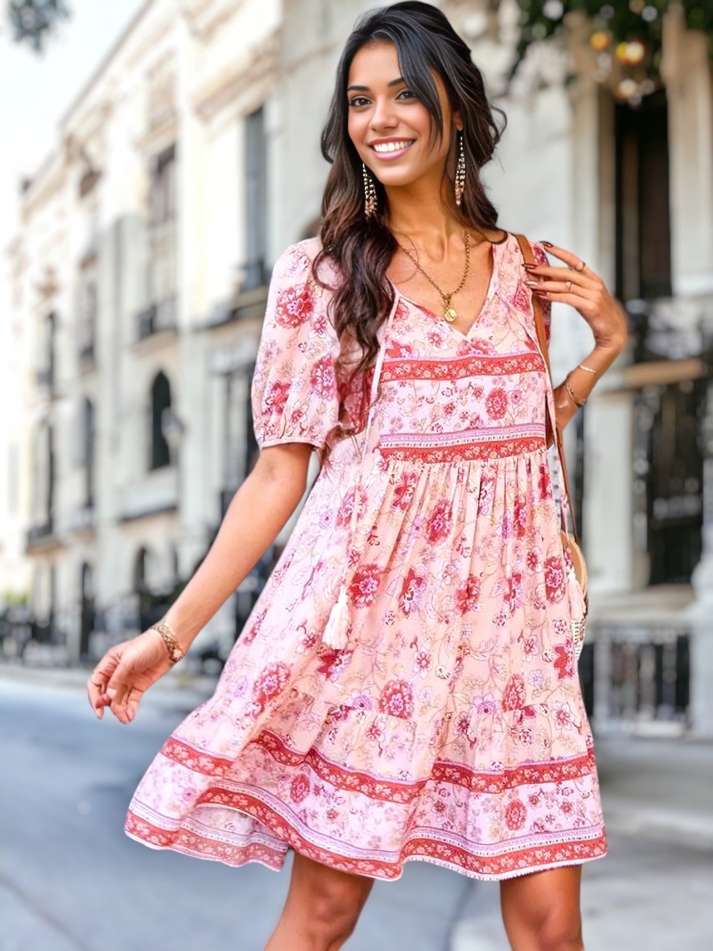 Floral Puff Sleeve Bohemian Dress