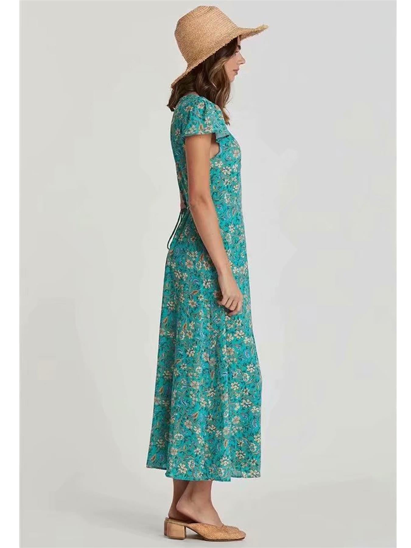 Charming Tea Dress In Turquoise Floral Print