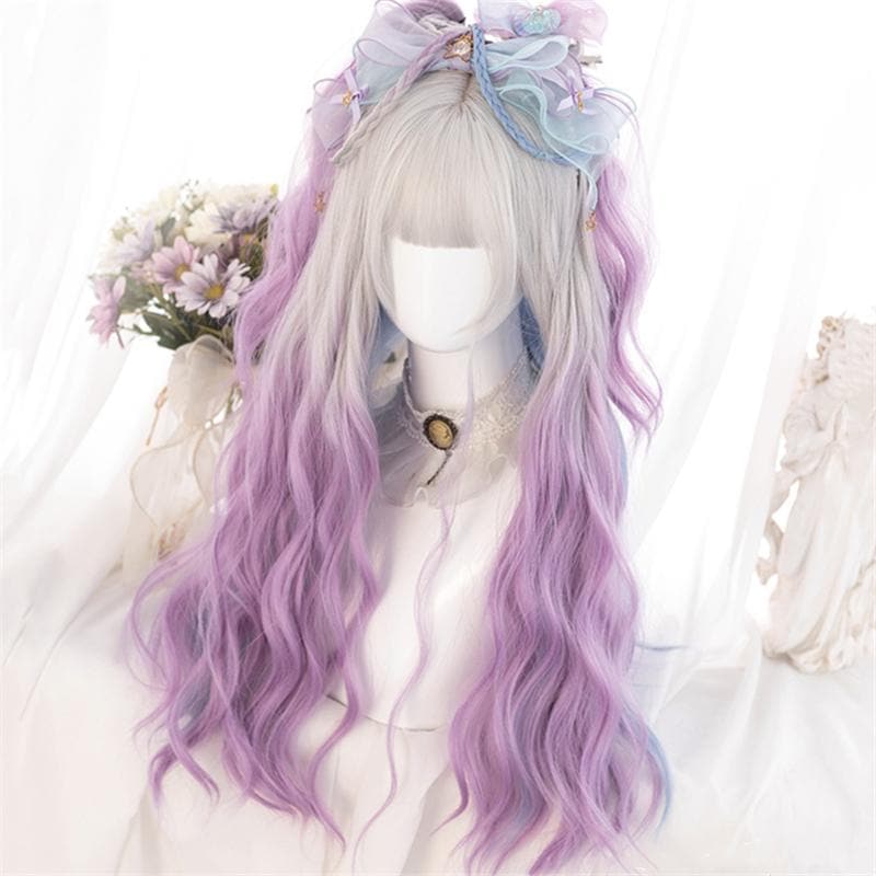 Free Shipping For Hivava Lolita Cute Platinum Blue Purple Gradient Curly Wig