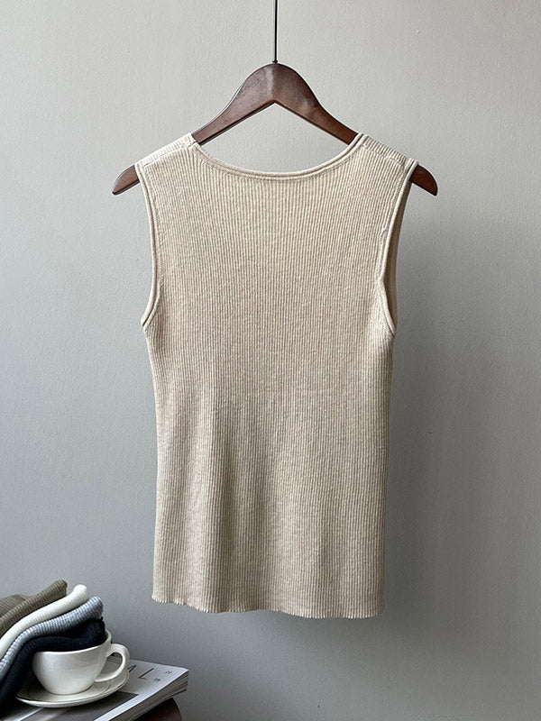 Casual Sleeveless Elasticity Solid Color U-Neck Vest Top-Homeunderwear