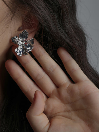 Normcore Three-Dimensional Silver Flower Shape Earrings