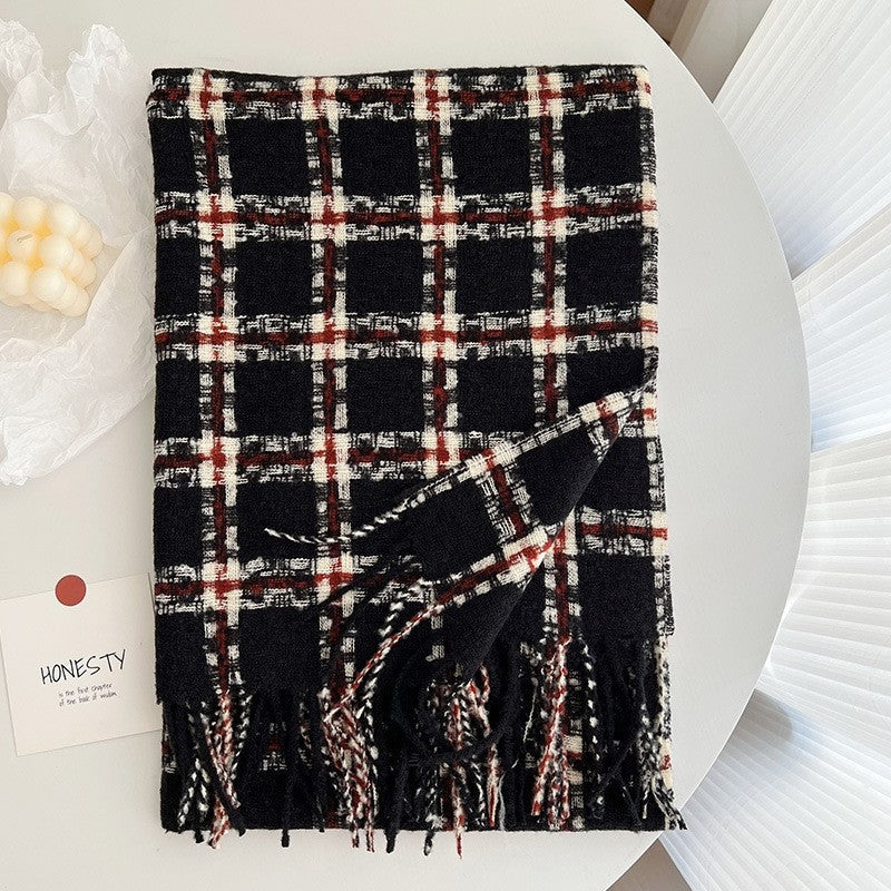 Imitated Cashmere Plaid Thickened Tassled Scarf