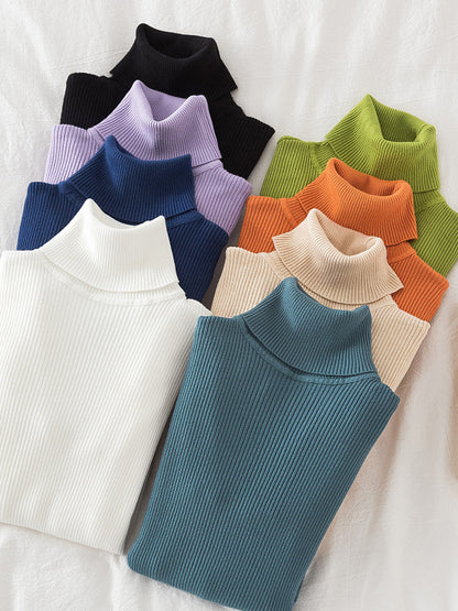 Simple Skinny Solid Color High-Neck Sweater Tops-Homeunderwear