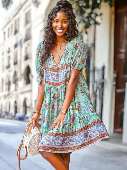 Floral Puff Sleeve Bohemian Dress