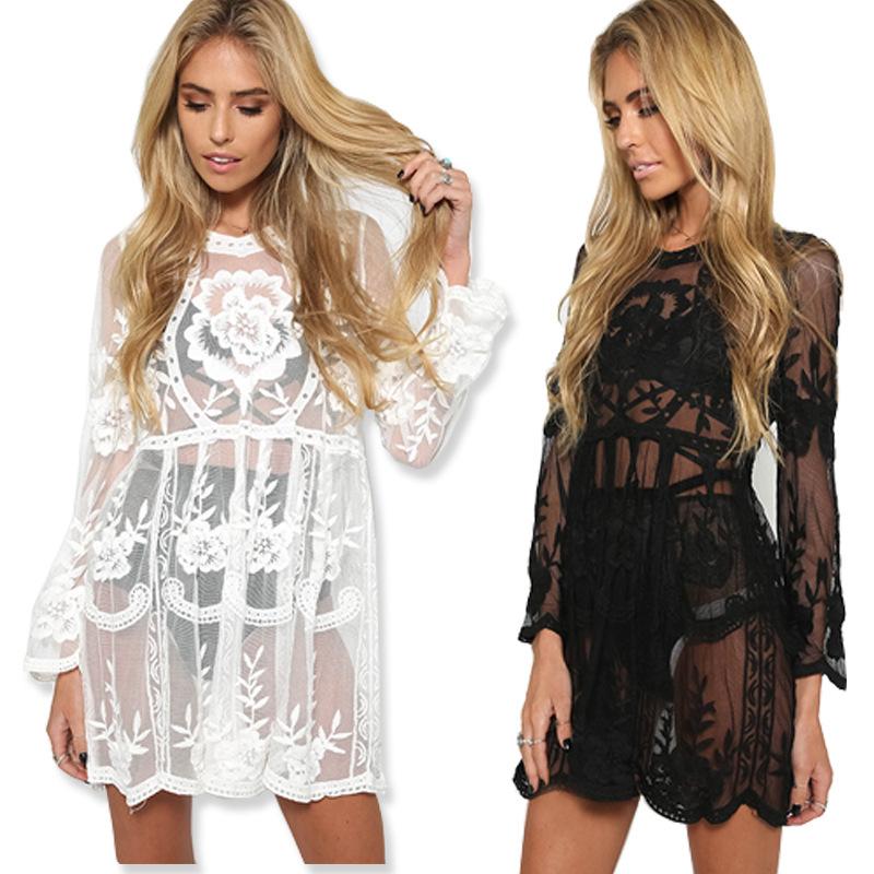 Pure Color Bohemian Lace Transparent Long Trumpet Sleeves Short Dress