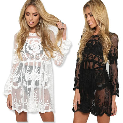 Pure Color Bohemian Lace Transparent Long Trumpet Sleeves Short Dress