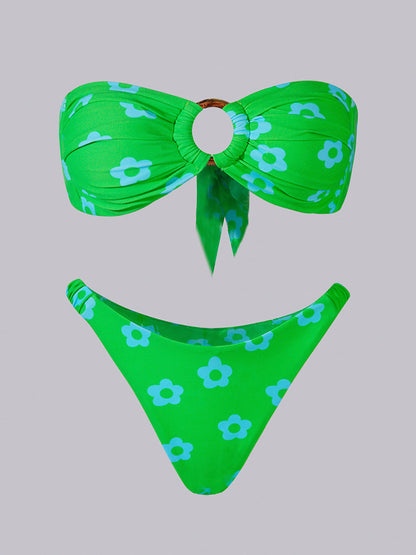 Free Shipping For Green Floral Print Double layer Bikini Set