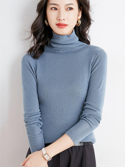 Simple Skinny Long Sleeves Solid Color High-Neck Sweater Tops Pullovers-Homeunderwear