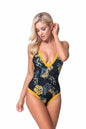 Free Shipping For Black Floral & Mustard Yellow Color Block One-piece Swimsuit