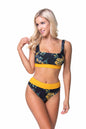 Free Shipping For Black Floral & Mustard Yellow Color Block Bikini Set