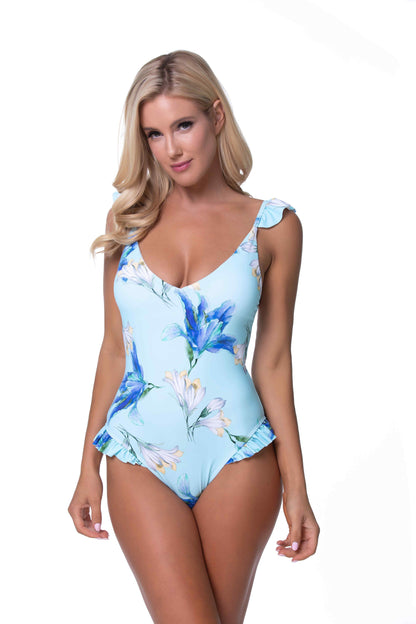 Free Shipping For Bright Blue Floral One-piece Swimsuit
