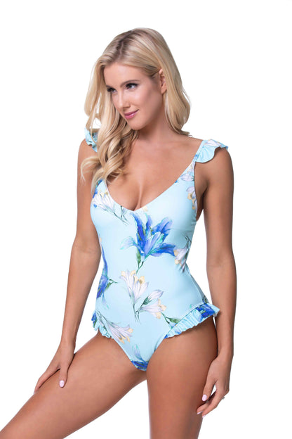 Free Shipping For Bright Blue Floral One-piece Swimsuit