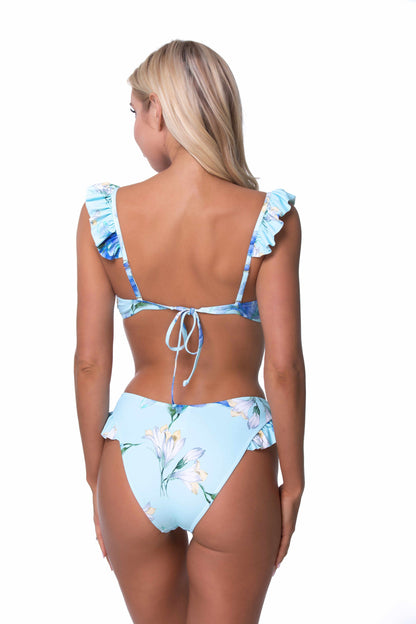 Free Shipping For Bright Blue Floral Ruffle Trim Bikini Set