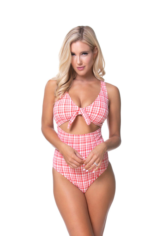 Free Shipping For Textured Red Plaid One-piece Swimsuit