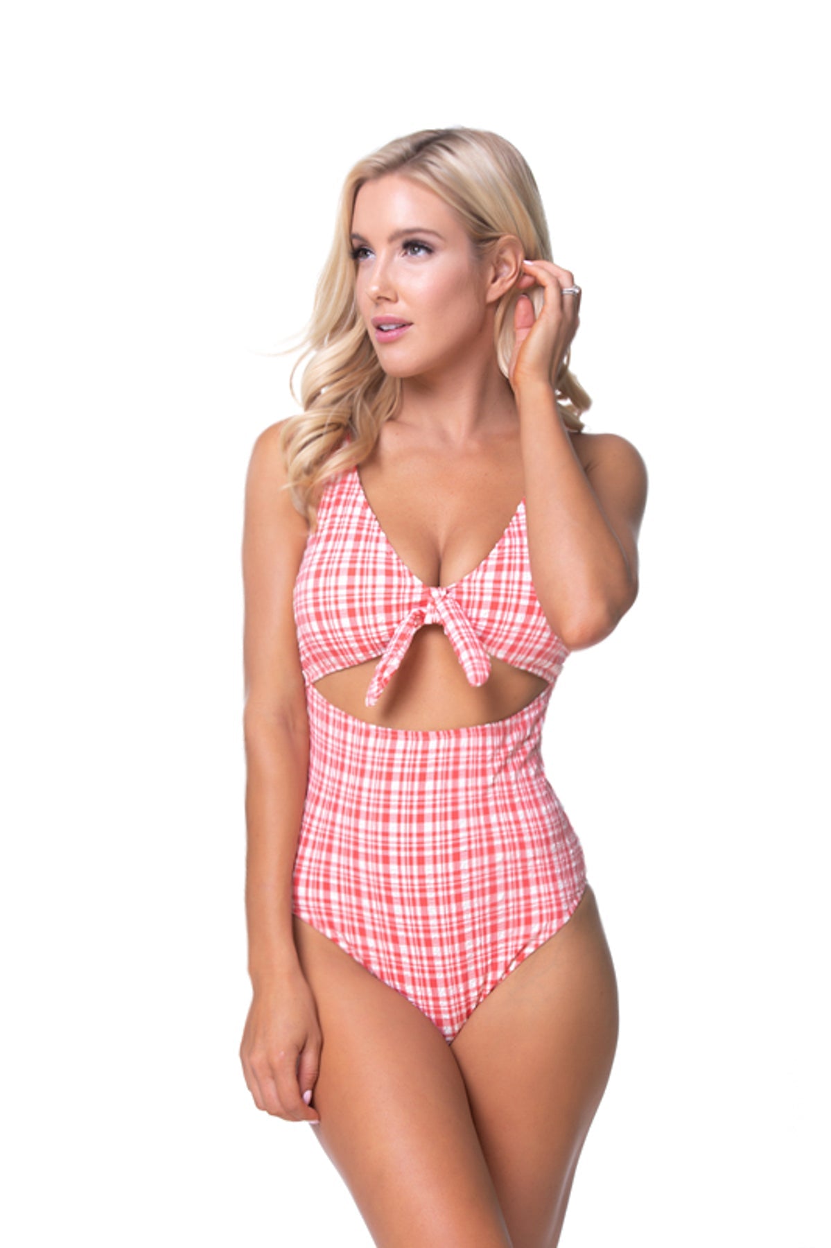 Free Shipping For Textured Red Plaid One-piece Swimsuit