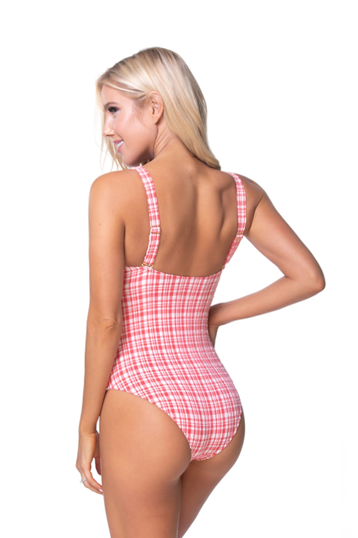 Free Shipping For Textured Red Plaid One-piece Swimsuit