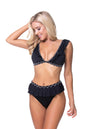 Free Shipping For Solid Black Stitching Ruffle Trim Bikini Set