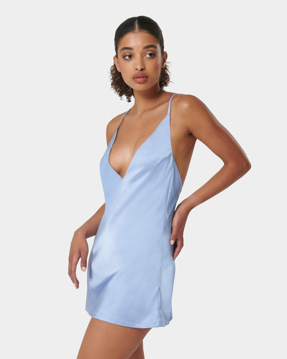 Clea Luxury Satin Short Chemise Hydrangea Blue