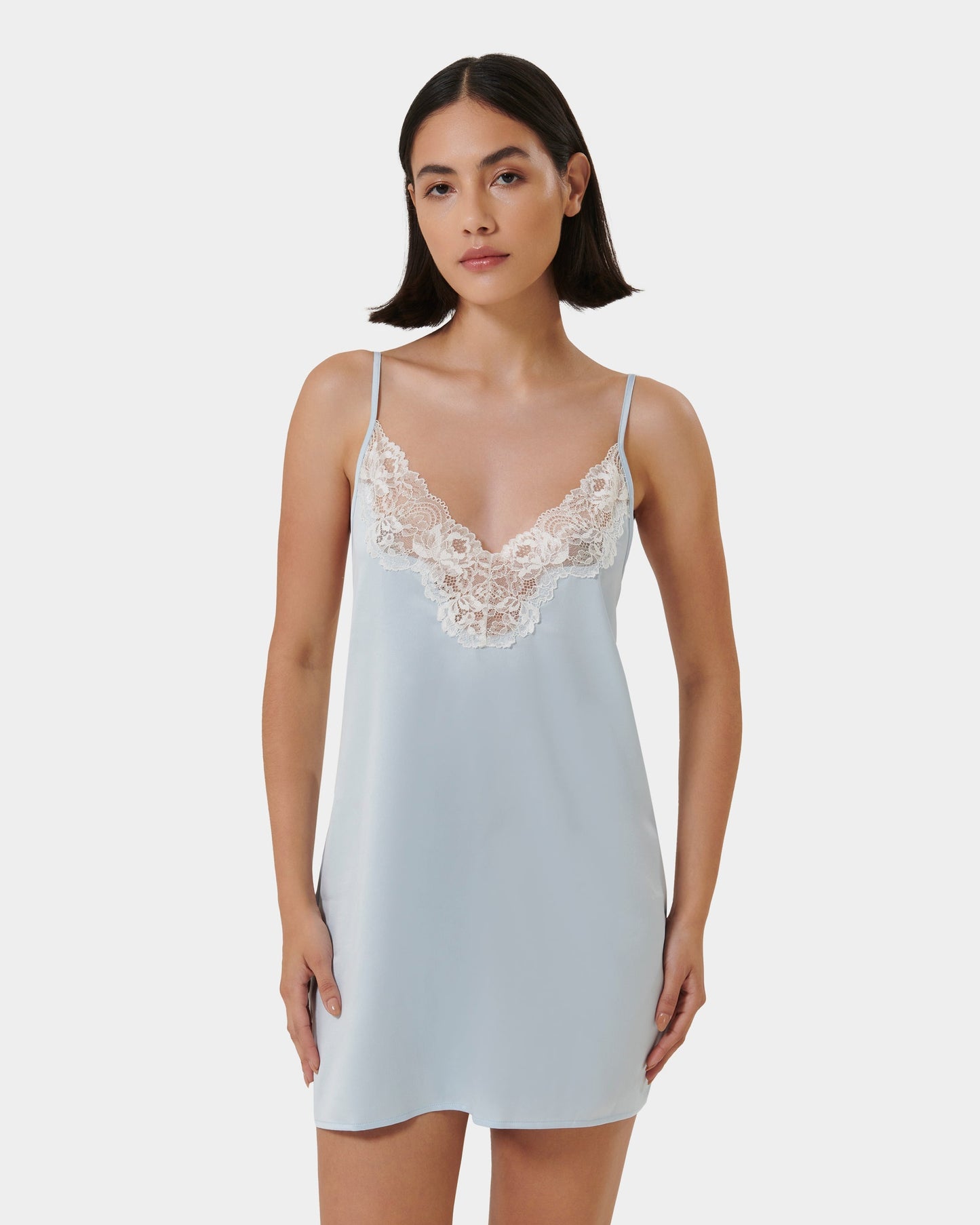 Isabella Luxury Satin Short Chemise Ice Water Blue/White