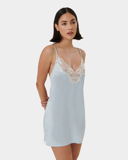 Isabella Luxury Satin Short Chemise Ice Water Blue/White