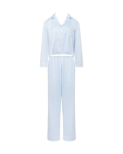 Sara Luxury Satin Long Set Ice Water Blue/White